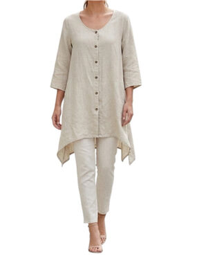 Click By Colour Me Cotton 100% Linen Button Down Tunic Top Beige XL Lagenlook